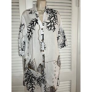 Club Z Collection Womens Cotton Shirt Dress White Black Gold Fish Coral Print M